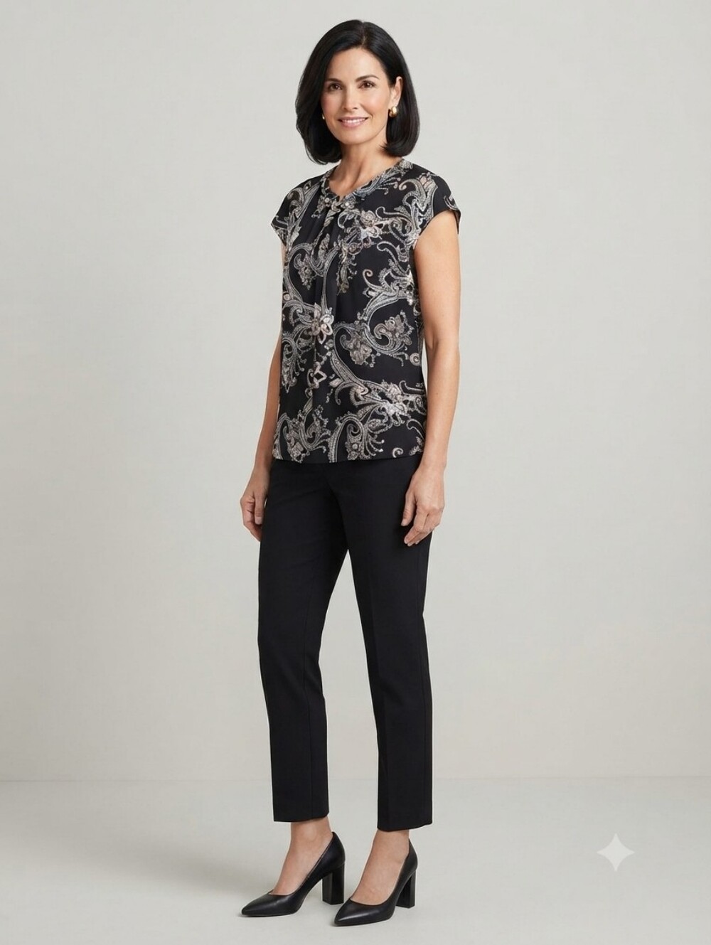 Liz Claiborne Black Paisley Tie-Neck Cap Sleeve Blouse